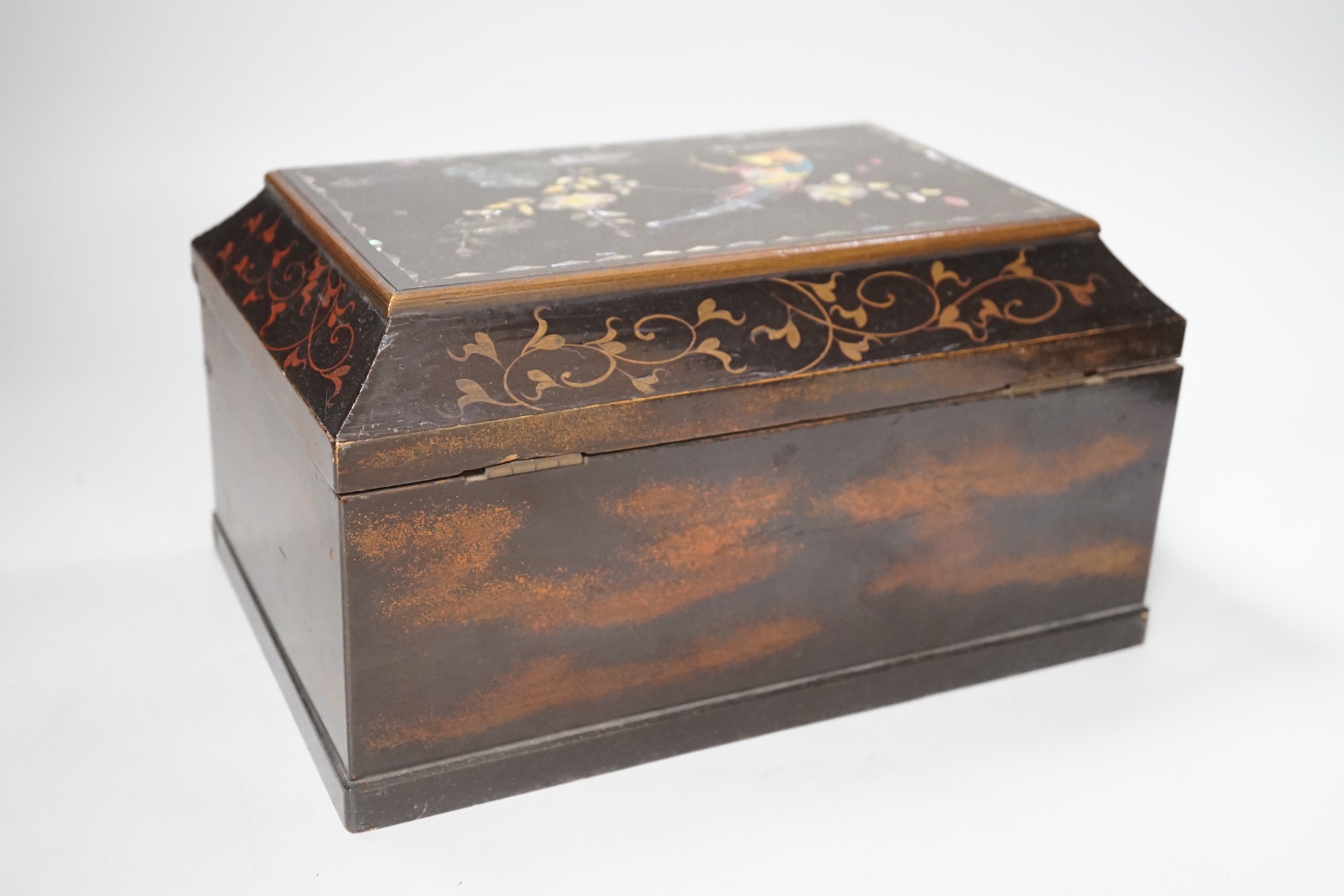 A 19th century Japanese abalone inlaid lacquered casket, 27cm wide